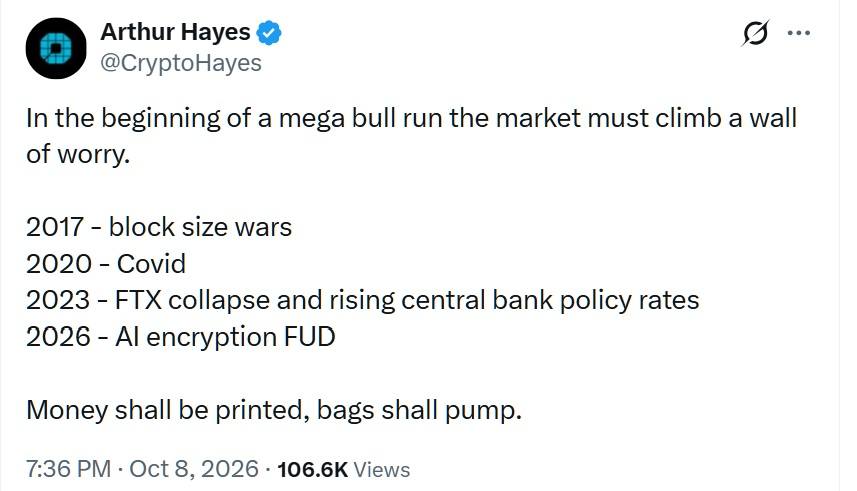Arthur Hayes Sees Mega Crypto Bull Run Beyond AI Encryption Fears