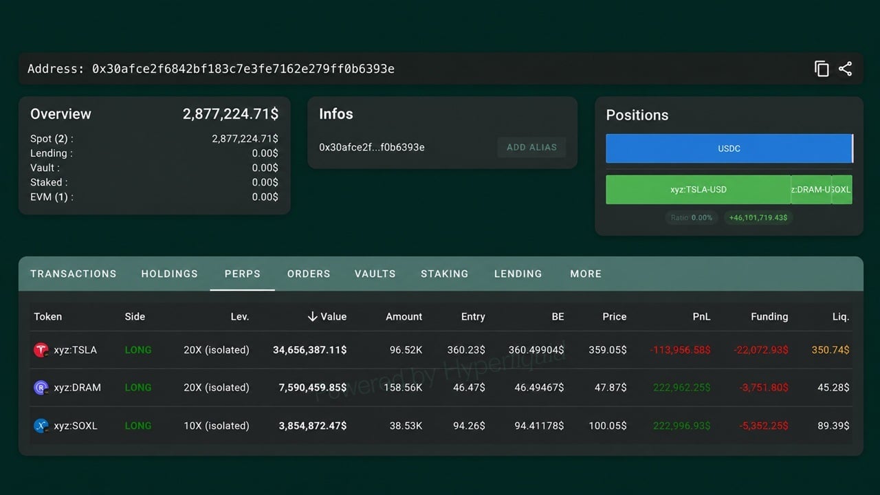 Hyperliquid Whale Down $9 Million This Week Flips to a 20x Tesla Bet