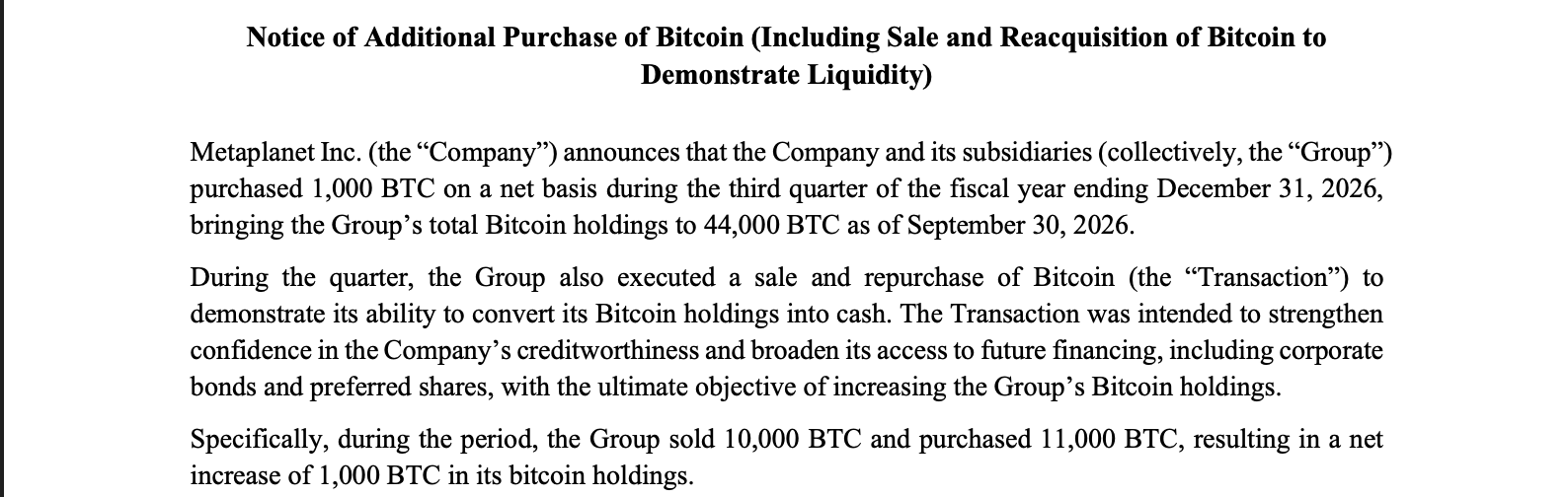 Metaplanet Sells 10,000 Bitcoin, Buys 11,000 Back to Prove Liquidity
