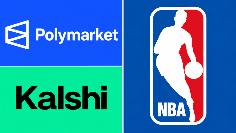 NBA, Polymarket and Kalshi logos Split View