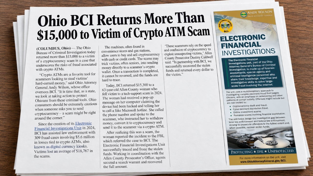 Ohio Returns $15,300 Lost at Crypto ATM in Fake Microsoft Scam