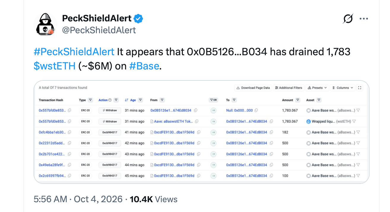 $6M Vanishes From Crypto Vault Controlled by 7 Mystery Signers X post screenshot.