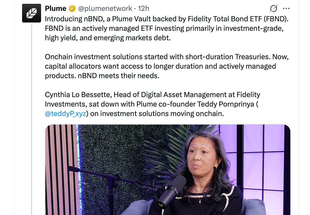 Plume Opens Onchain Door to Fidelity’s $28B Bond Giant Plume X post screenshot.