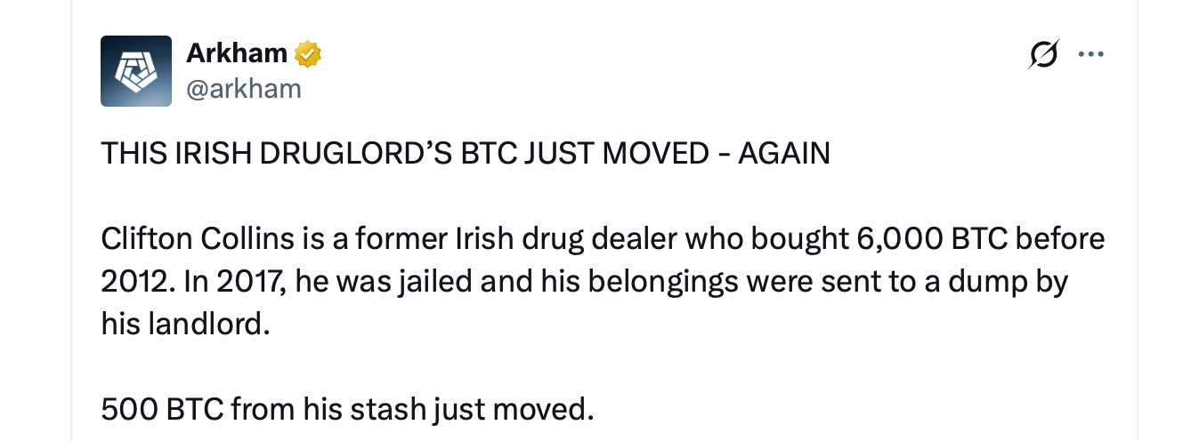 Sleeping Bitcoin Giant Moves 500 BTC Worth $41M After 10 Years of Silence Arkham's X post screenshot.