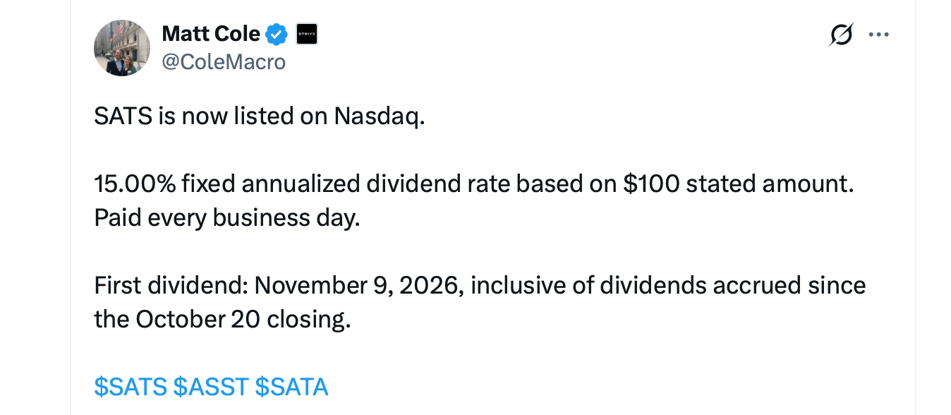 Bitcoin Firm Strive Launches SATS Stock With 15% Dividend After Raising $630M Bitcoin Firm Strive Launches SATS Stock With 15% Dividend After Raising $630M