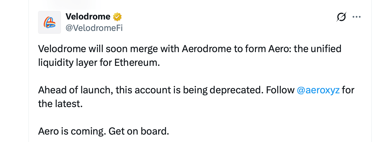 Aerodrome and Velodrome Unite to Chase $120B in Trading Volume Velodrome X post screenshot.