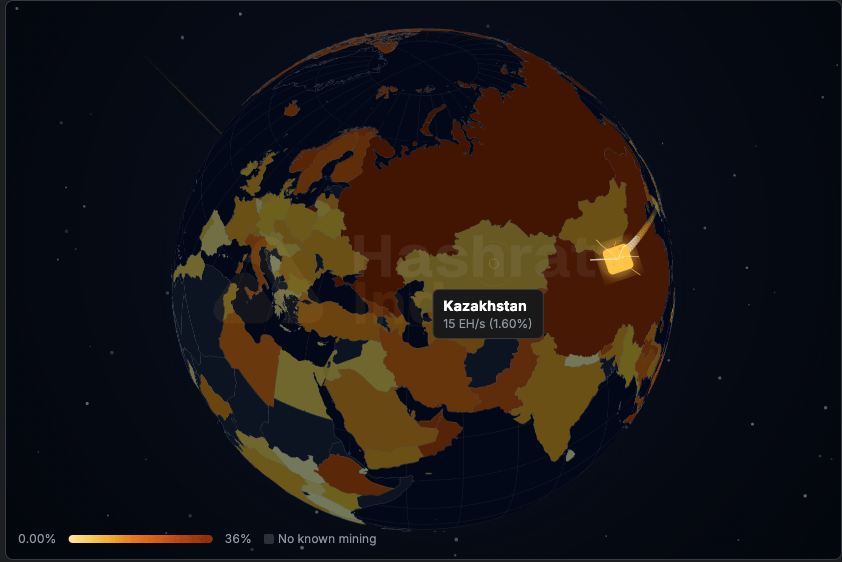 Kraken Eyes Kazakhstan Market After Country Tightens Crypto Rules Hashrateindex.com Bitcoin hashrate heatmap screenshot.