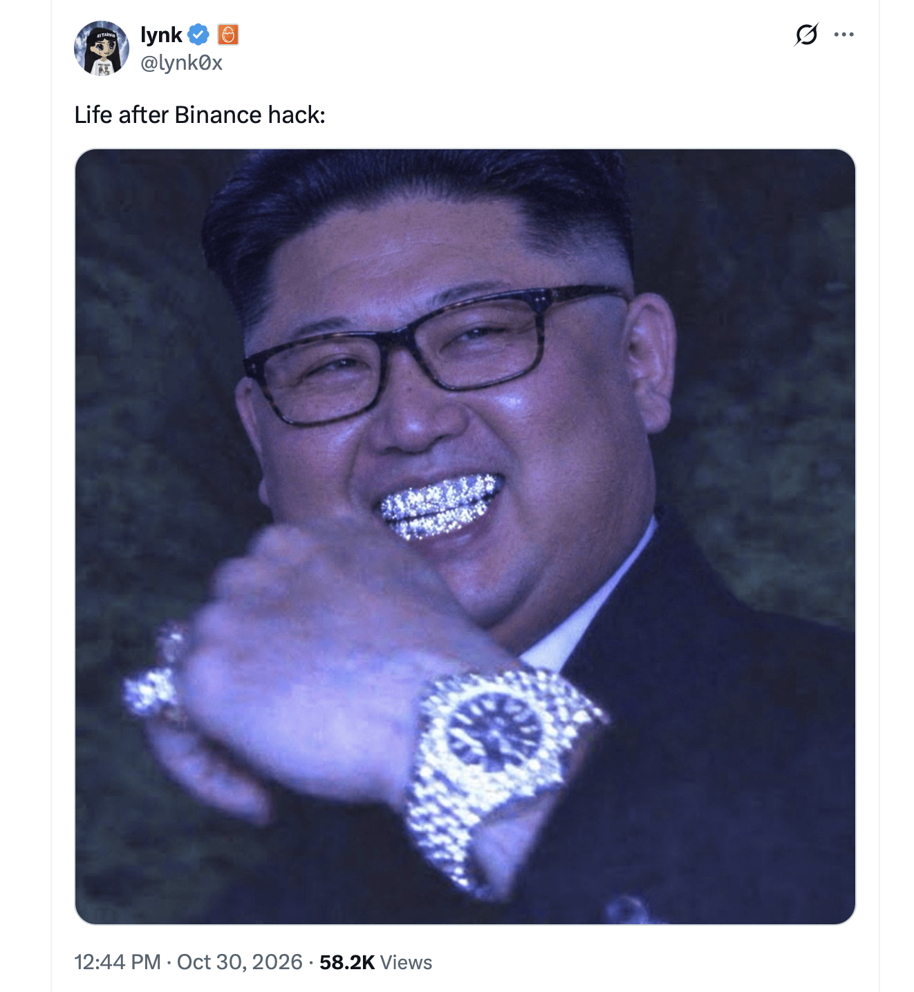 Kim Jong Un and North Korea Memes Flood X After Binance's $6.3B Hack X post screenshot.