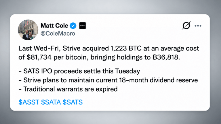 Strive Buys 1,223 Bitcoin While Preparing a $630 Million Cash Raise