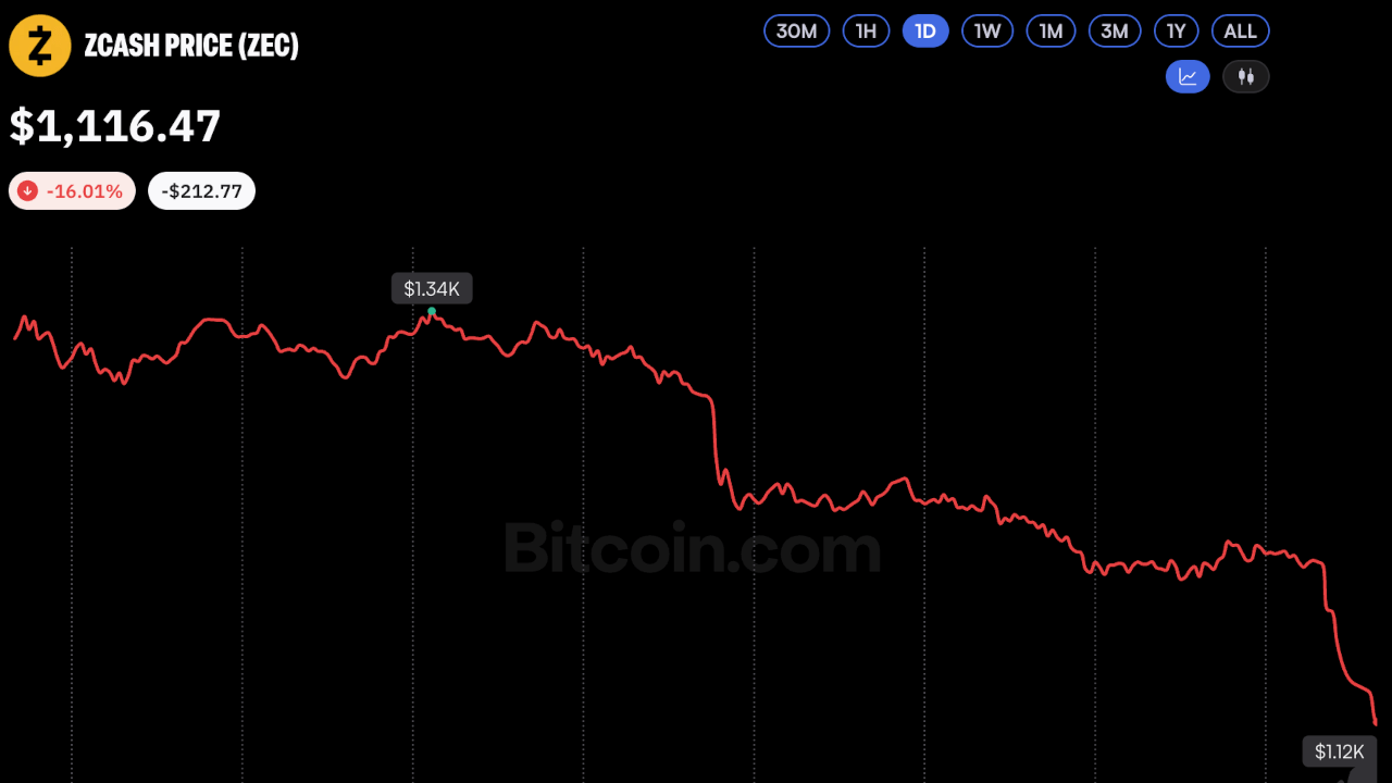 Zcash Dives 16%, Falling Harder Than Bitcoin Amid Market Sell-Off